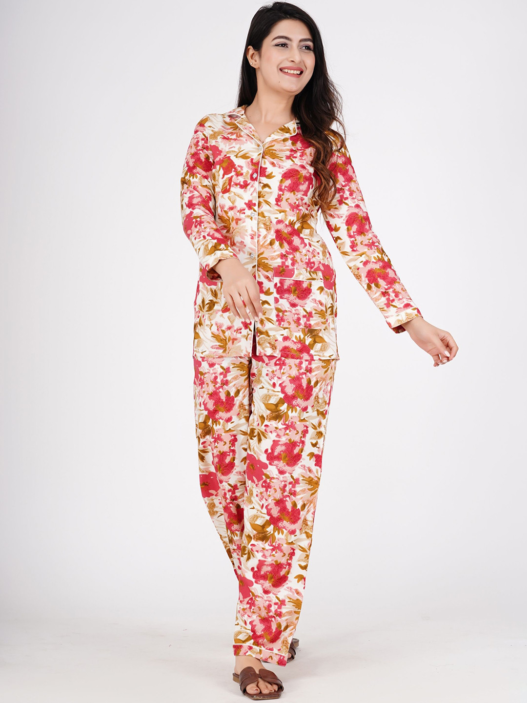 

ao services Floral Printed Lapel Collar Shirt With Pyjamas, Pink