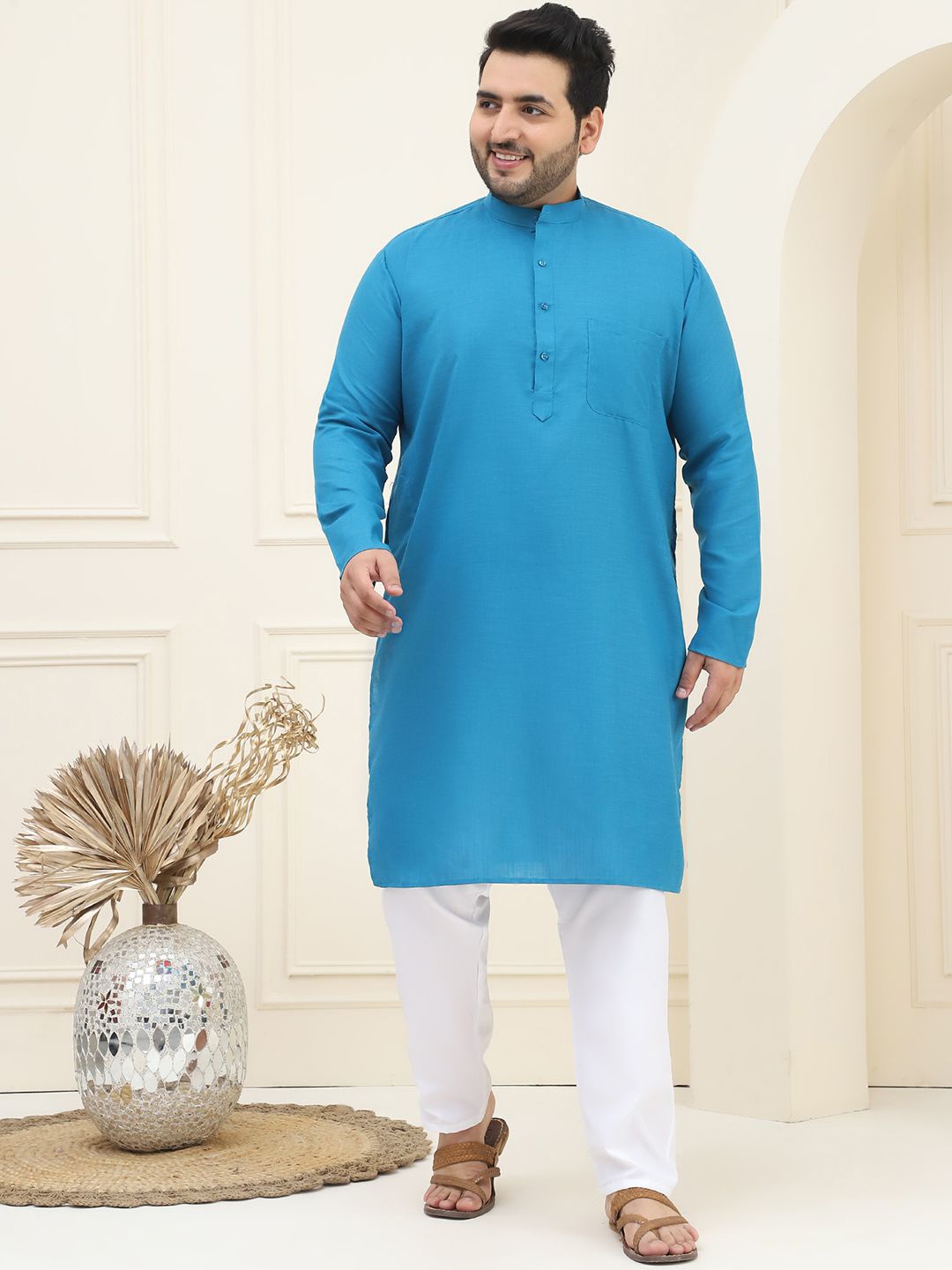 

SOJANYA PLUS Mandarin Collar Pure Cotton Straight Kurta with Pyjamas, Blue