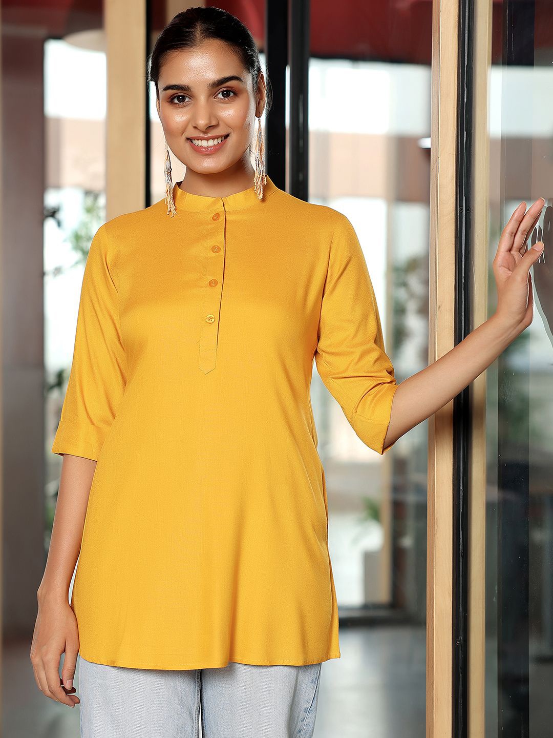 

Libas Women Mandarin Collar Tunic, Mustard