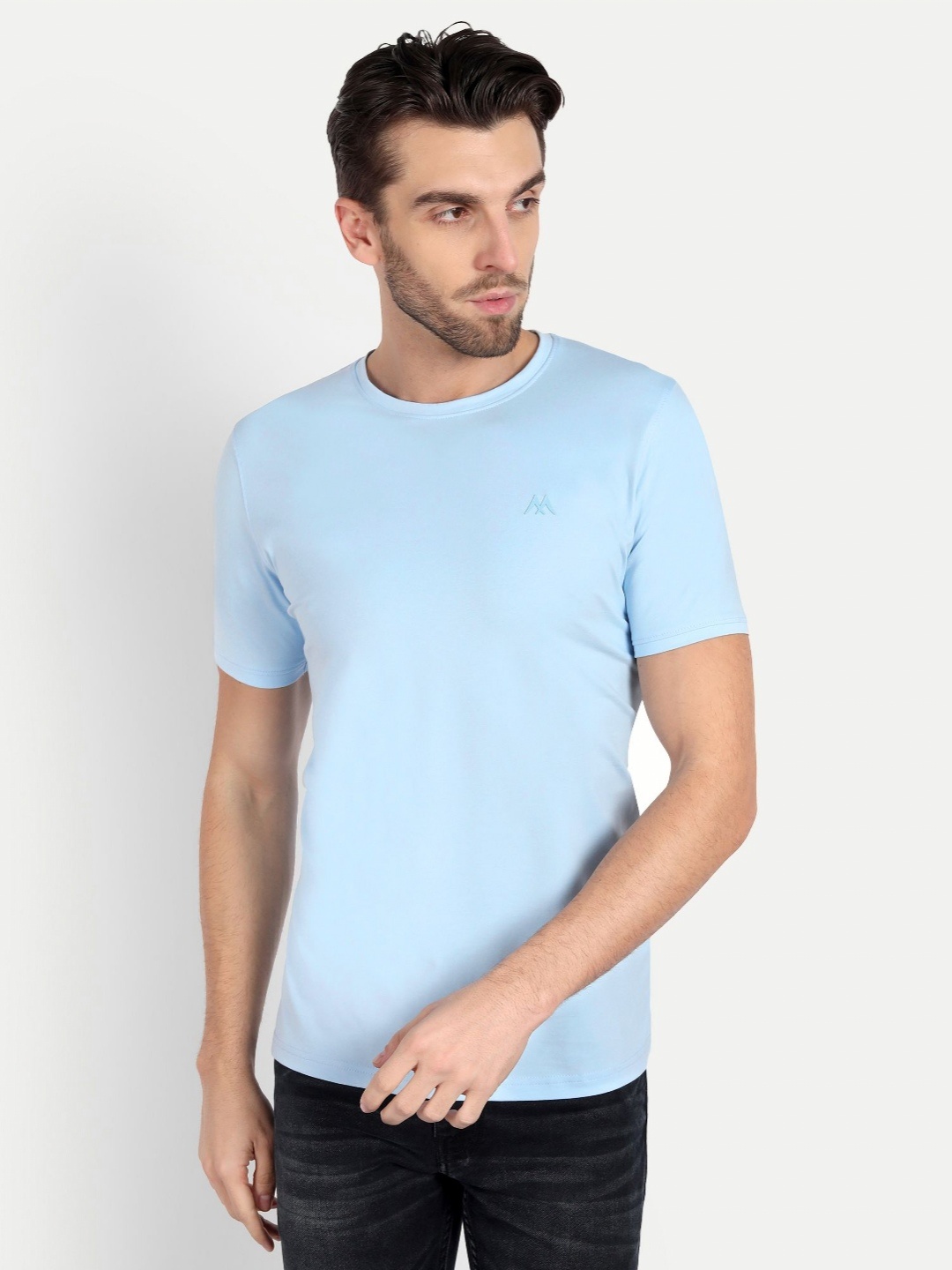 

MEGHZ Men Solid Round Neck Cotton Slim Fit T-shirt, Blue