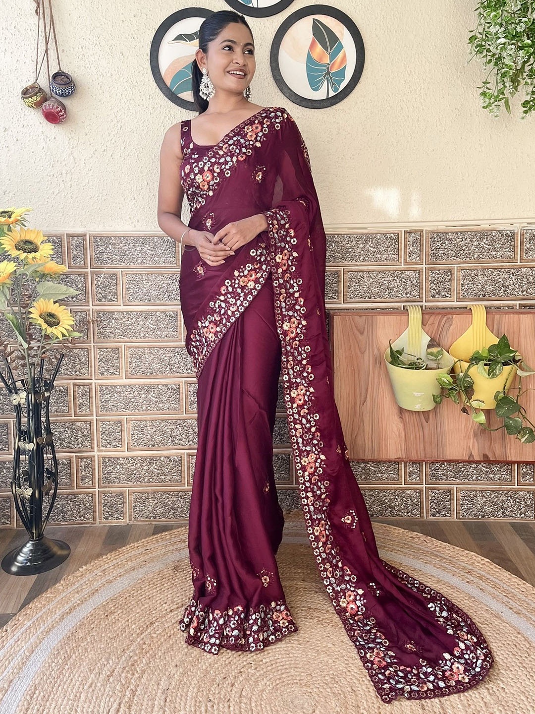 

LeeliPeeri Designer Floral Embroidered Pure Chiffon Saree, Maroon