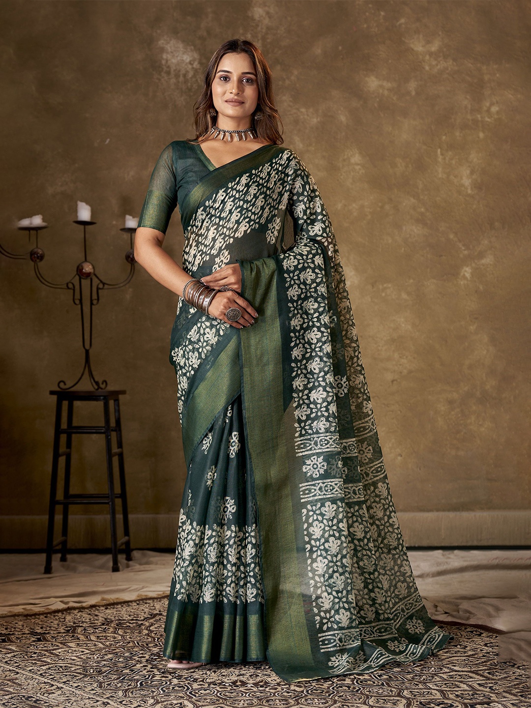 

KAYOMMI Ethnic Motifs Printed Zari Pure Cotton Chanderi Saree, Green