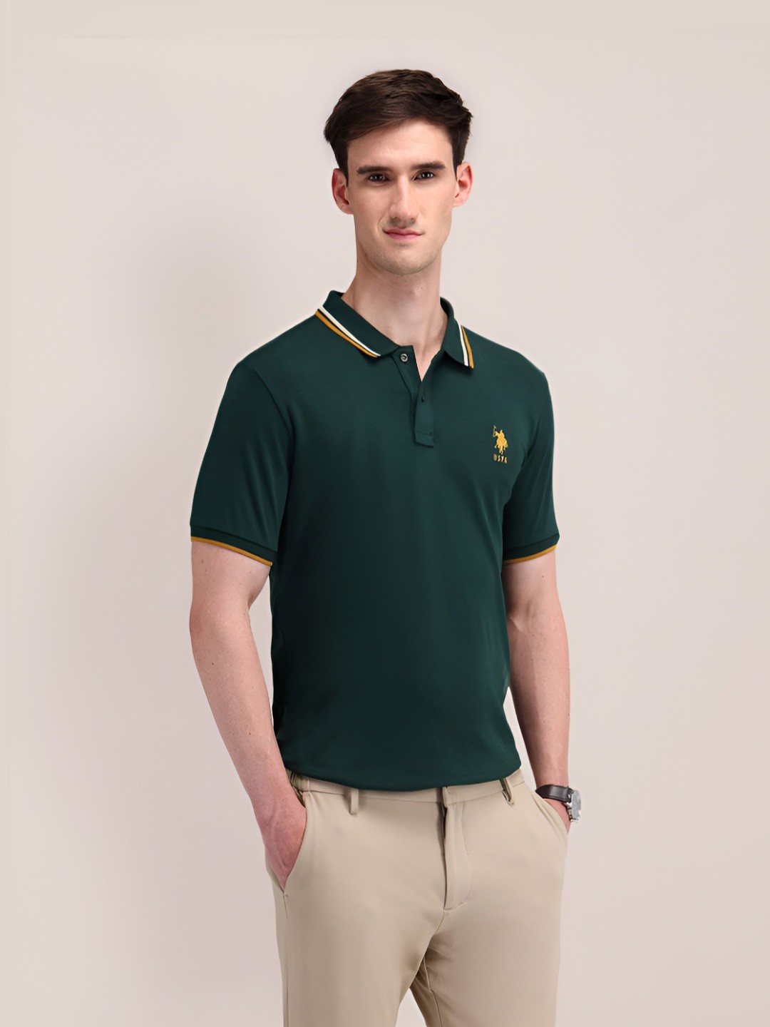 

U.S. Polo Assn. Men Brand Logo Polo Collar Slim Fit Pure Cotton T-shirt, Olive