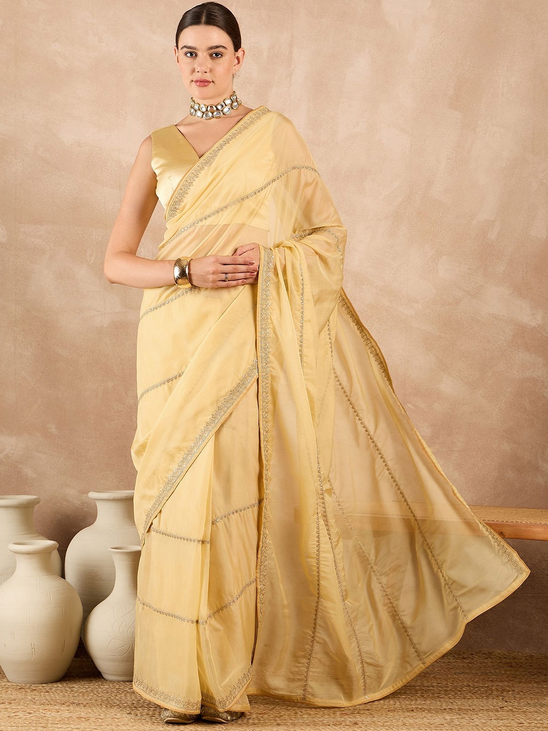 

all about you Embellished Embroidered Organza Saree, Yellow