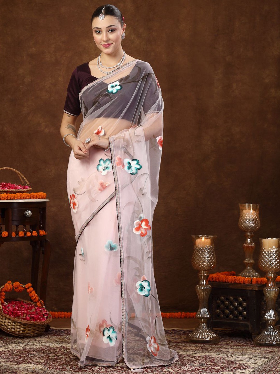 

Stylum Floral Printed Embroidered Net Saree, Pink
