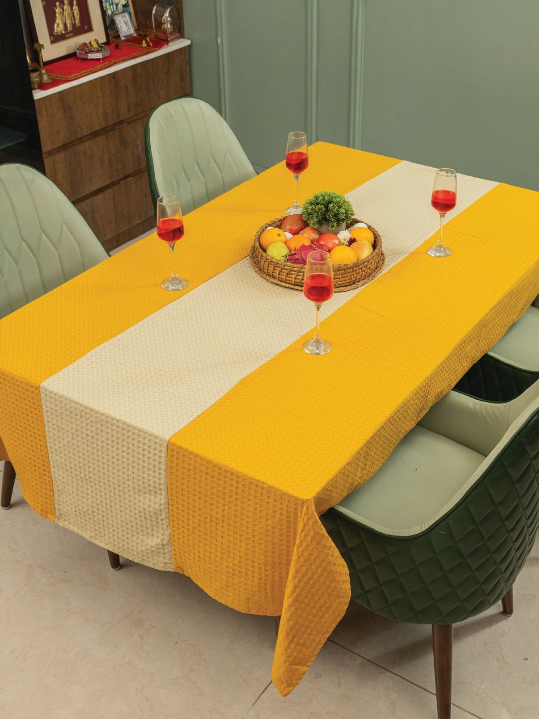 

URBAN SPACE Mustard Yellow & Beige Anti-Slip Cotton 4-Seater Table Cover