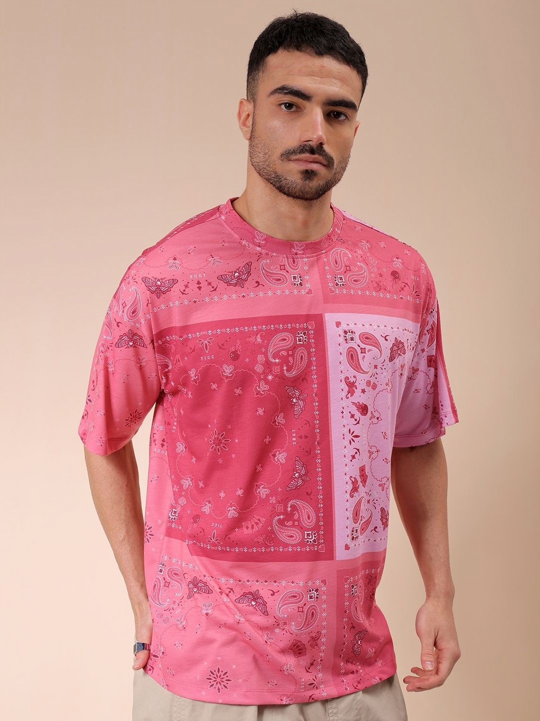 

The Indian Garage Co Men Abstract Printed Round Neck Oversized T-shirt, Pink