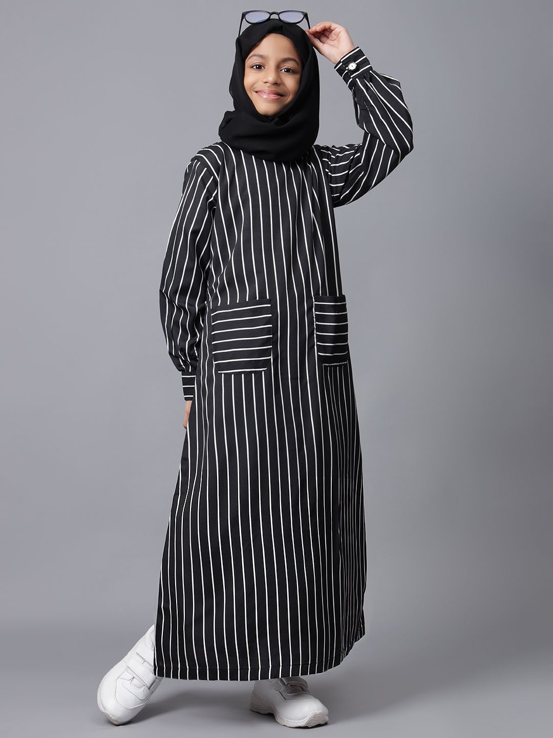 

NABIA Girls Striped Cuffed Sleeves Maxi Dress, Black