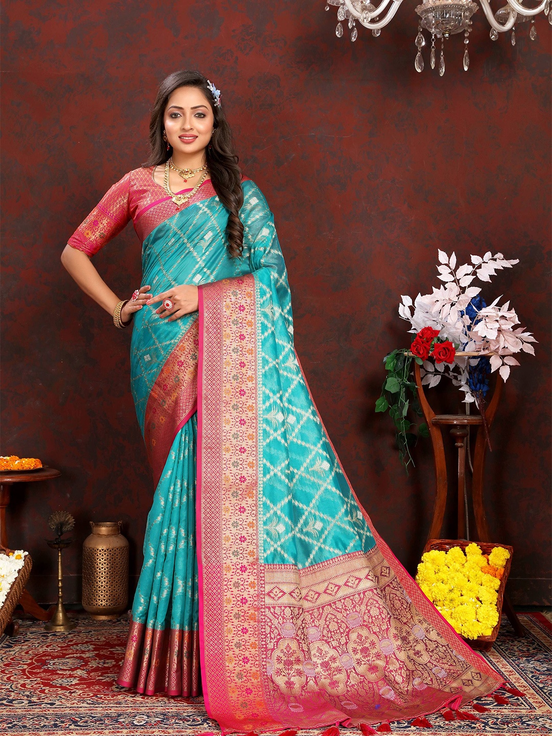 

Zeekha Kalamkari Zari Pure Silk Kanjeevaram Saree, Turquoise blue