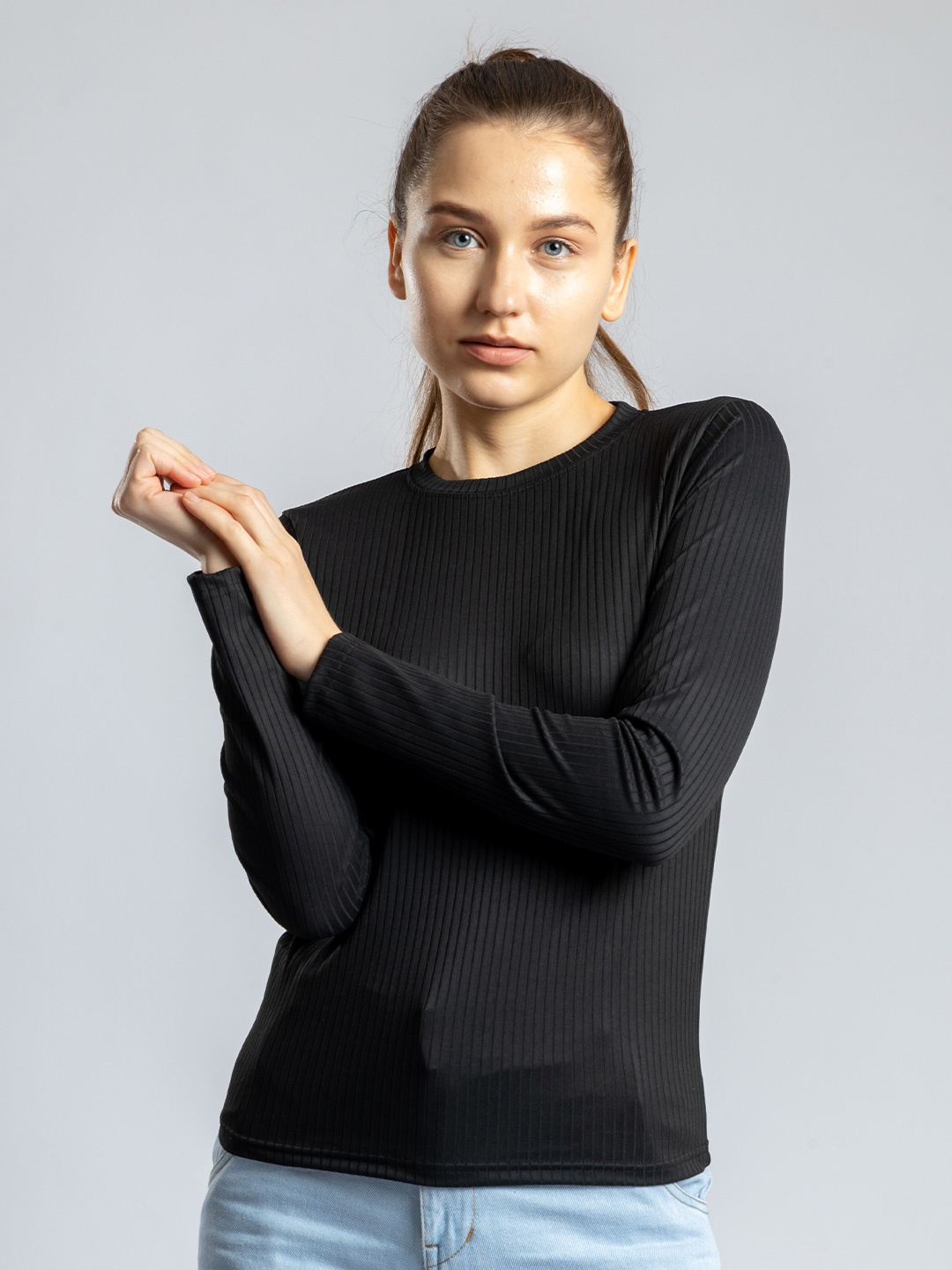 

Redamancii Women Solid Round Neck Polycotton Top, Black