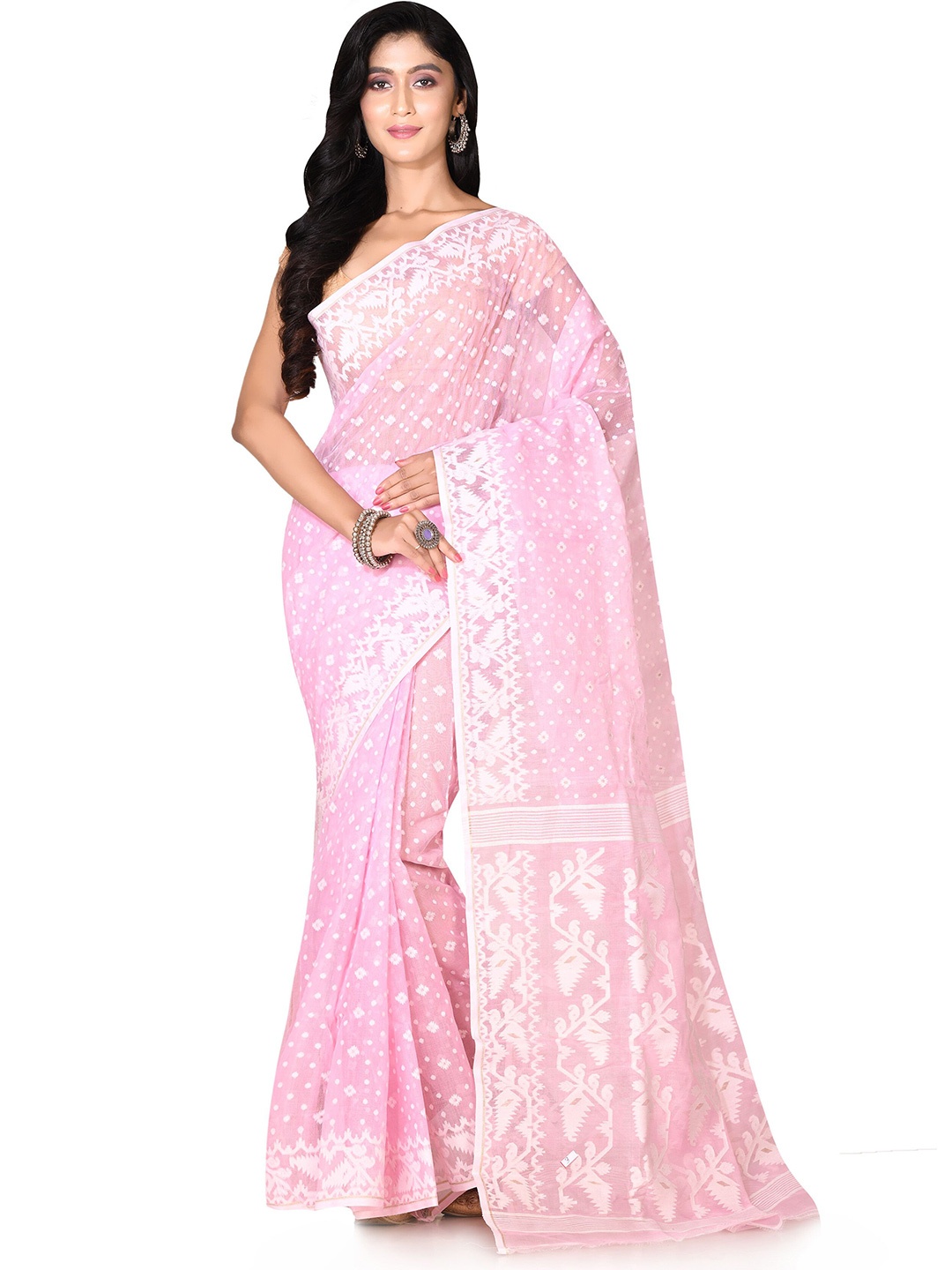 

SPRISH Ethnic Motifs Pure Silk Jamdani Saree, Pink