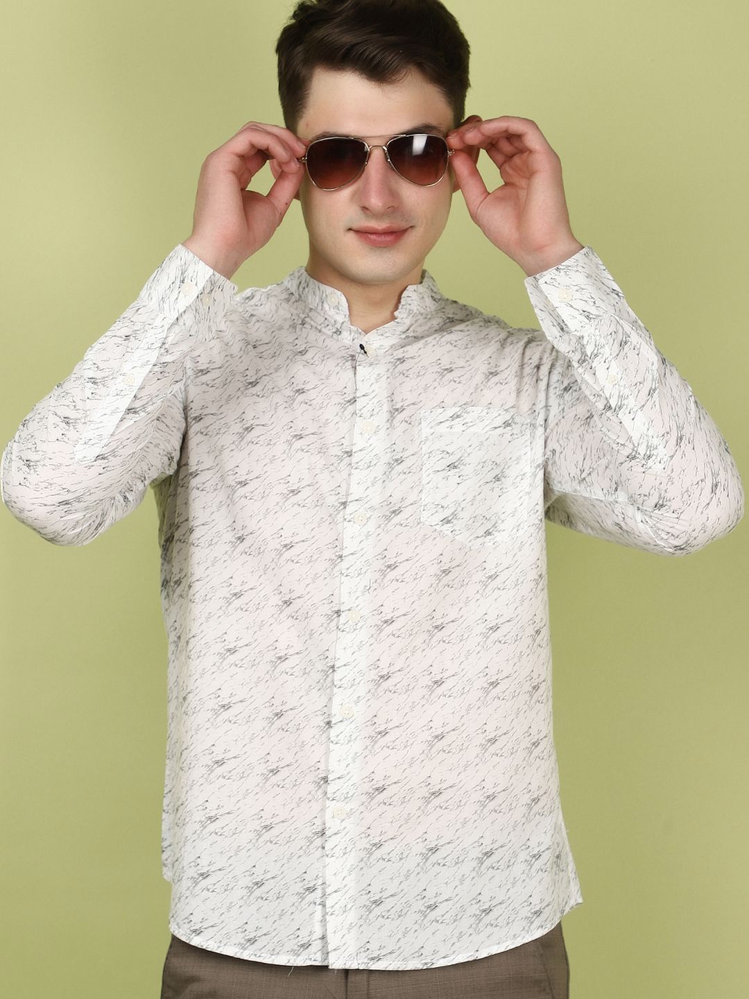 

V-Mart Men Classic Band Collar Conversational Printed Cotton Casual Shirt, White