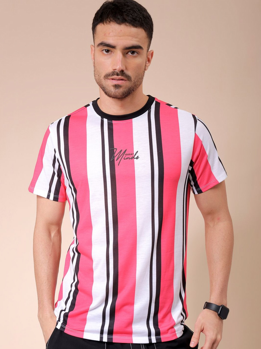 

The Indian Garage Co Men Striped Round Neck Slim Fit T-shirt, Pink