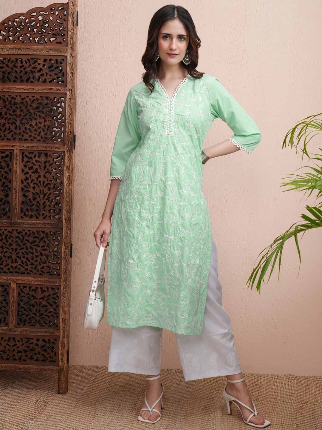 

Vishudh Green Floral Embroidered V-Neck Straight Kurta