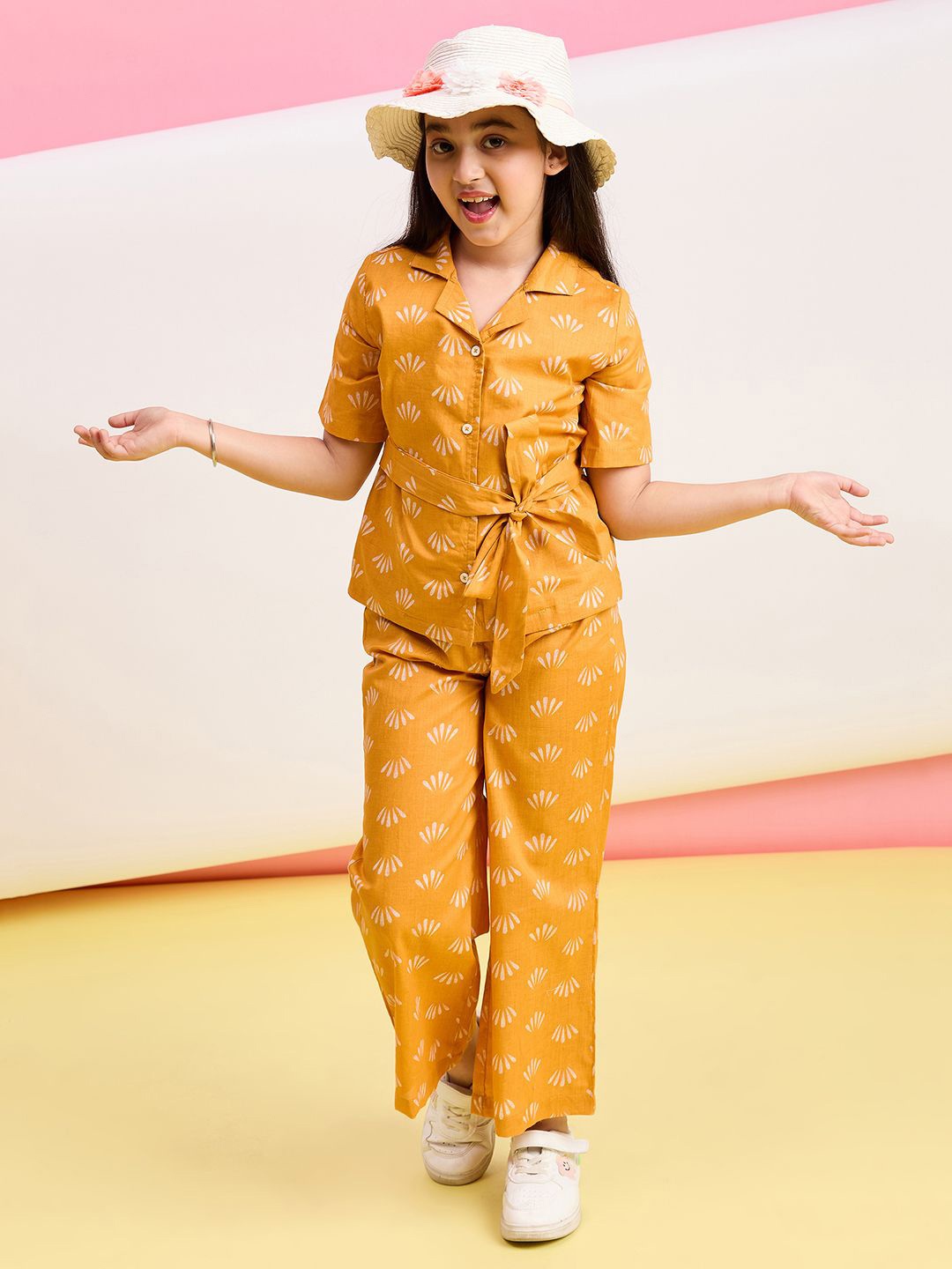 

Stylo Bug Girls Printed Pure Cotton Shirt With Trousers, Mustard