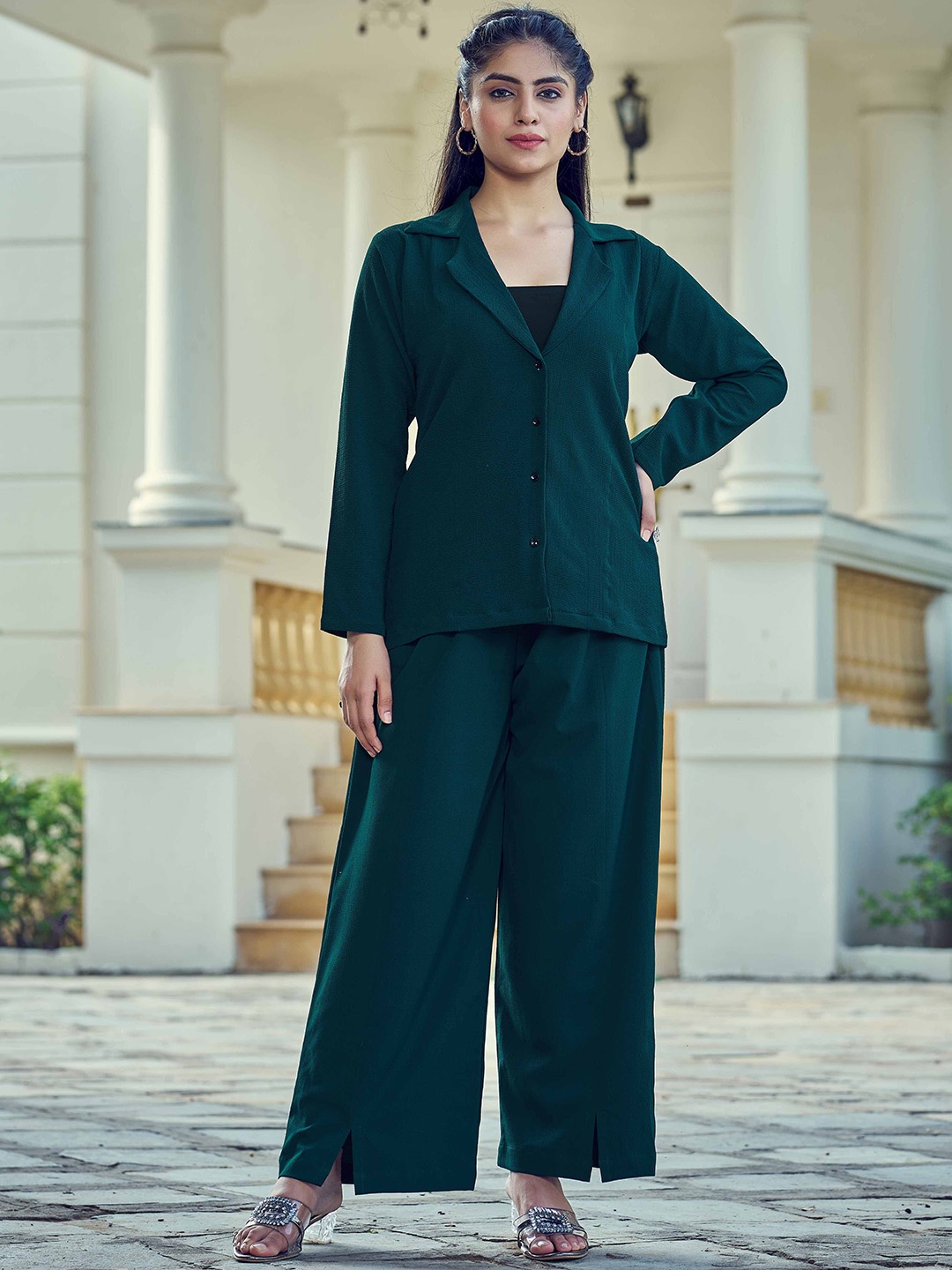 

TWINS LADY Notched Lapel Collar Shirt With Trousers, Teal