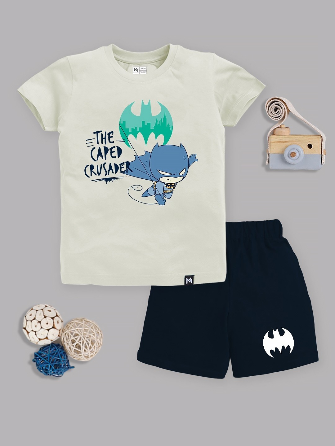 

YK X Minute Mirth Infant Boys Batman Printed Pure Cotton T-shirt with Shorts, Cream