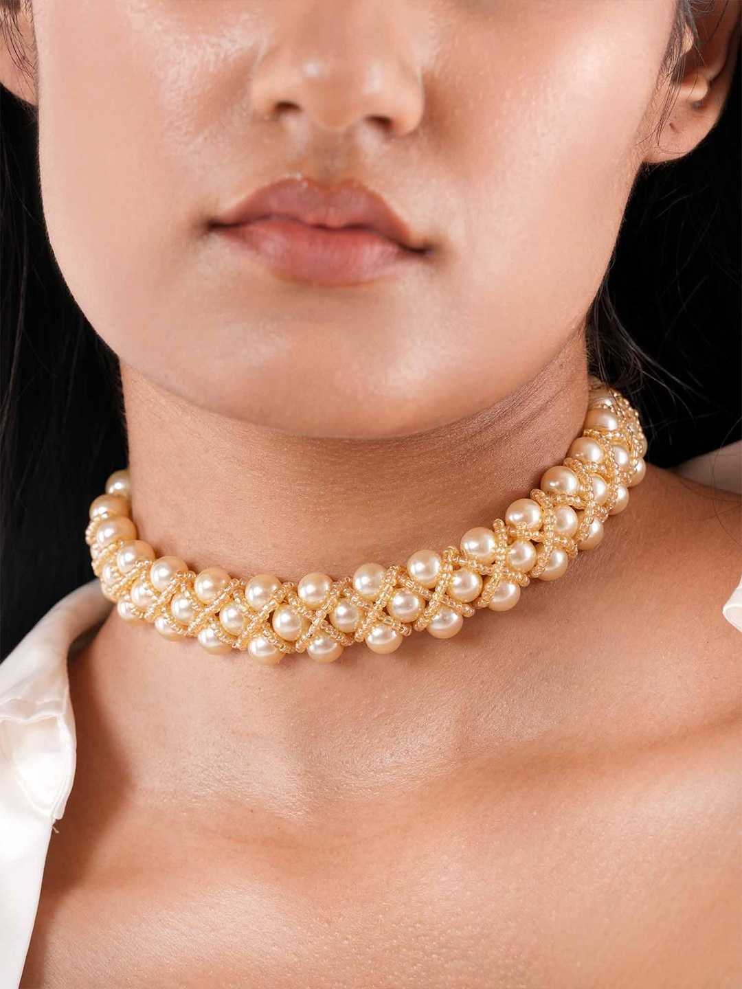 

D'oro Pearls Choker Necklace, Beige