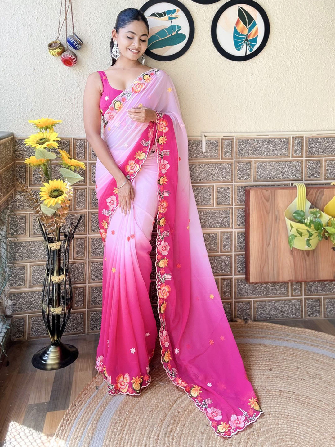 

LeeliPeeri Designer Embellished Embroidered Pure Georgette Saree, Pink