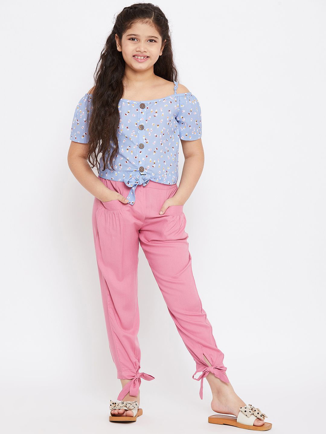 

Stylo Bug Girls Printed Square Neck Top With Trousers, Pink