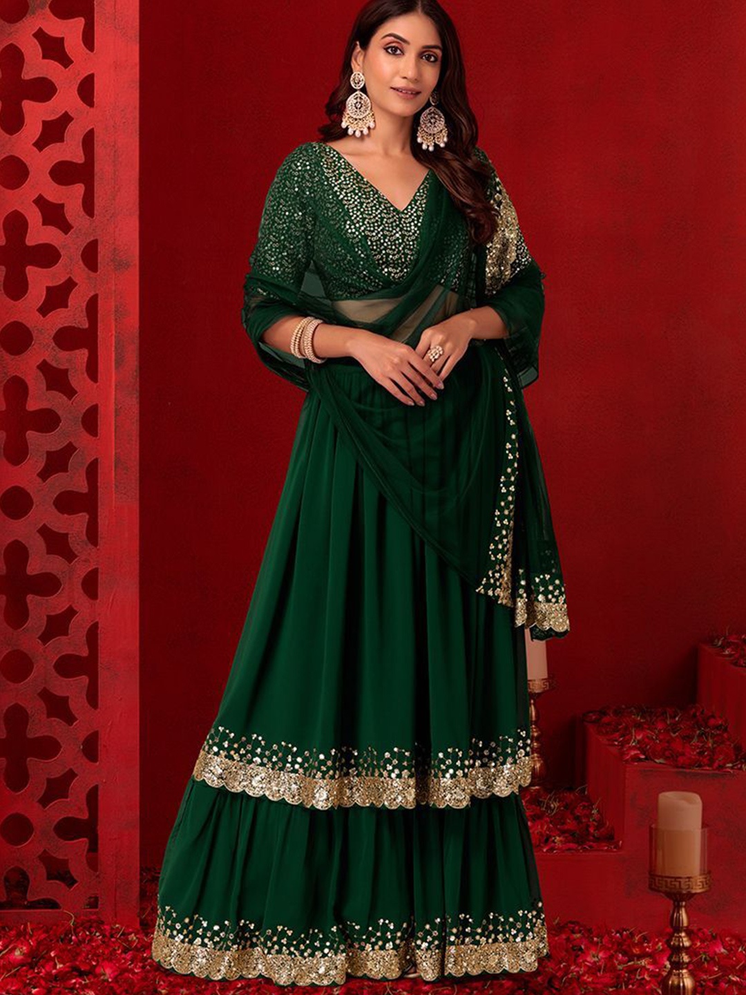 

JIHU CULTURE Embellished Sequinned Semi-Stitched Lehenga & Unstitched Blouse With Dupatta, Green