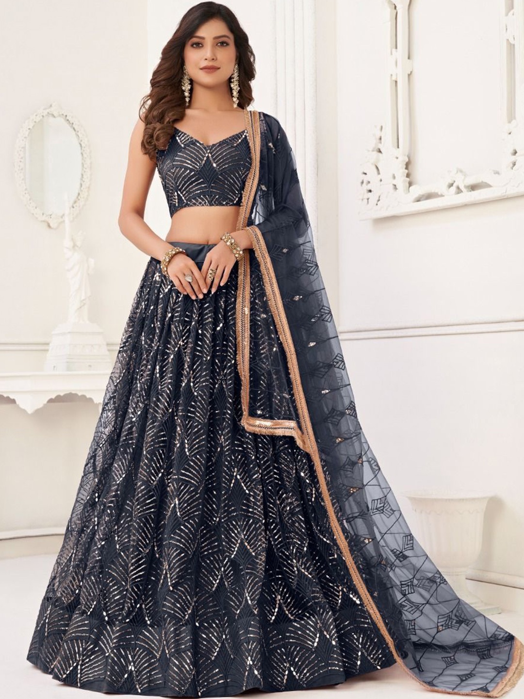 

JIHU CULTURE Embellished Semi-Stitched Net Lehenga & Unstitched Blouse With Dupatta, Black