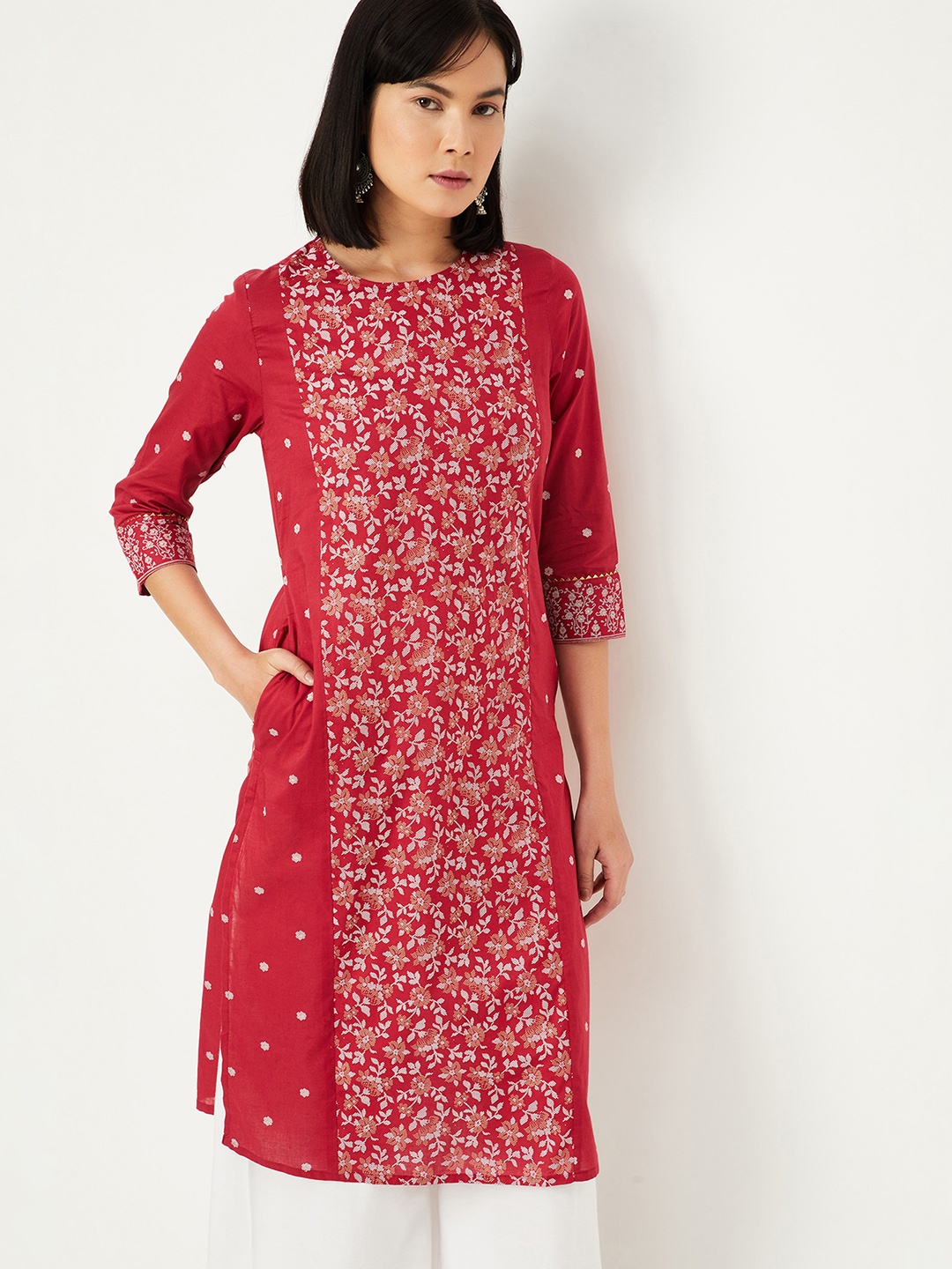 

max Floral Printed Round Neck Cotton Straight Kurta, Maroon