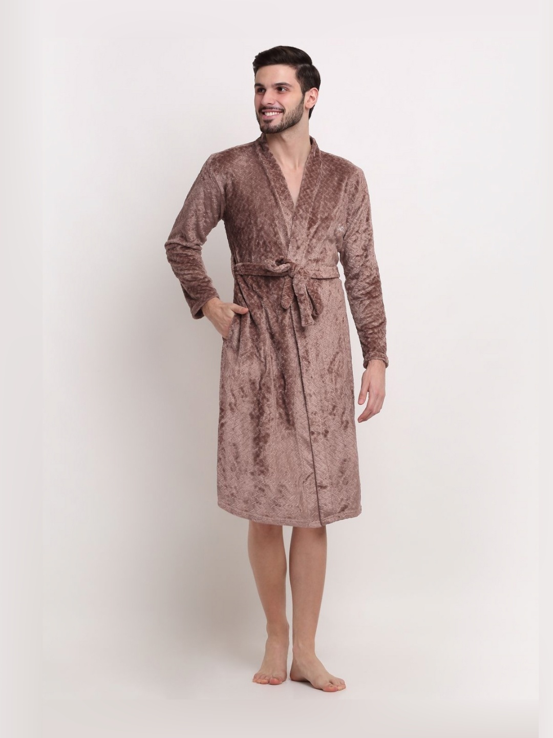 

KLOTTHE Self Design Woollen Bath Robe With Belt, Brown