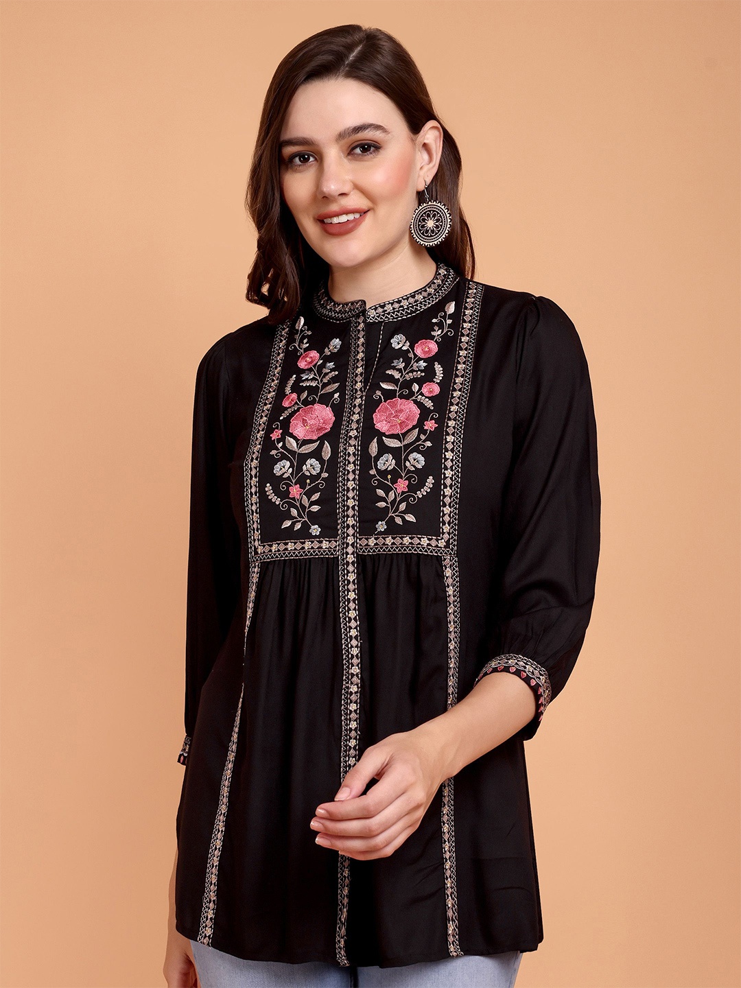 

Atha Fashion Women Floral Embroidered Thread Work Pure Cotton Thread Work Empire Kurti, Black