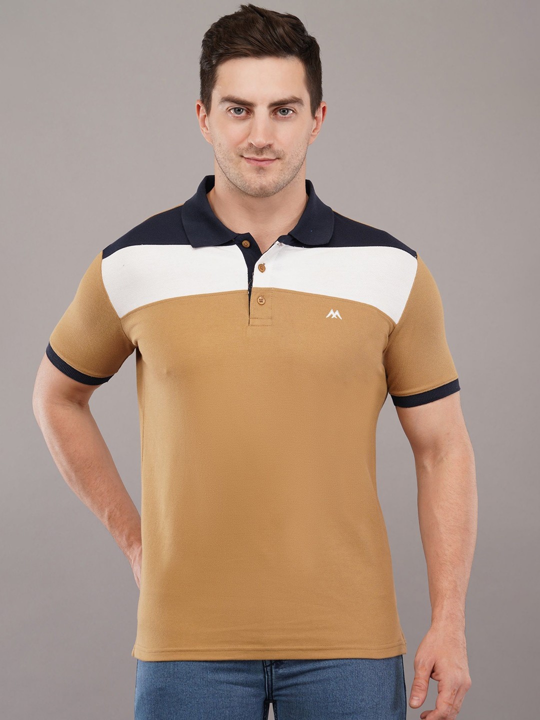 

MEGHZ Men Striped Polo Collar Cotton Slim Fit T-shirt, Brown
