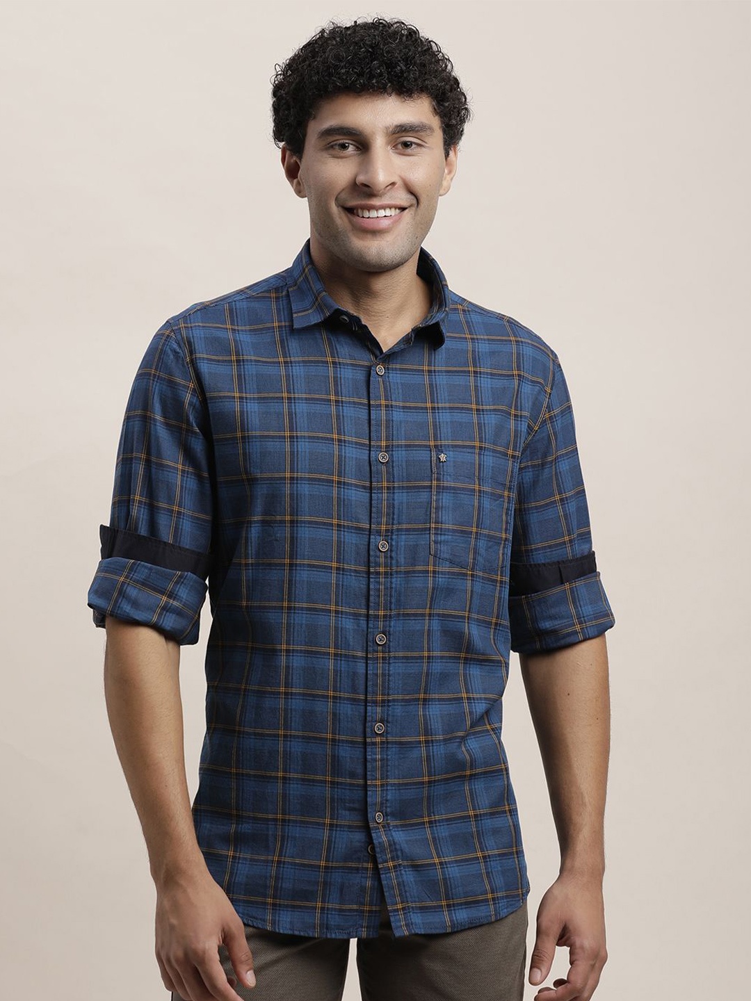 

Turtle Men Relaxed Spread Collar Tartan Checked Cotton Slim Fit Casual Shirt, Blue