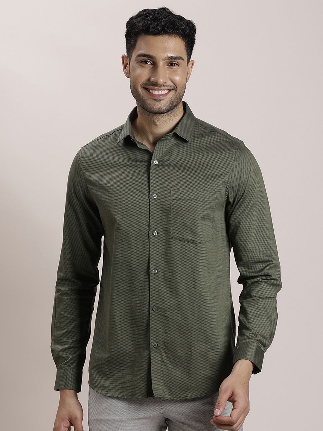 

Turtle Men Classic Spread Collar Micro Ditsy Printed Cotton Slim Fit Formal Shirt, Green