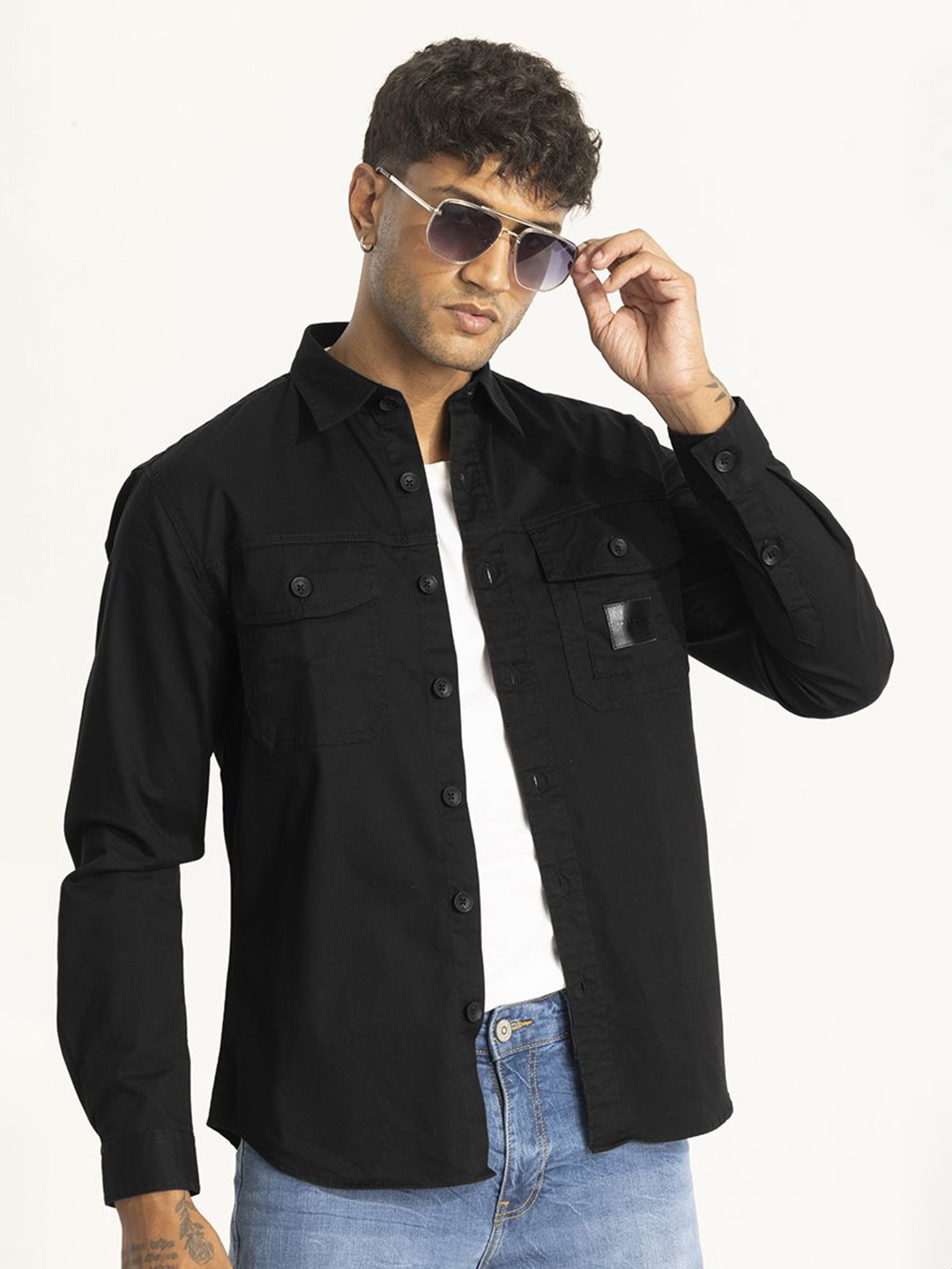 

Snitch Men Smart Spread Collar Solid Cotton Slim Fit Casual Shirt, Black