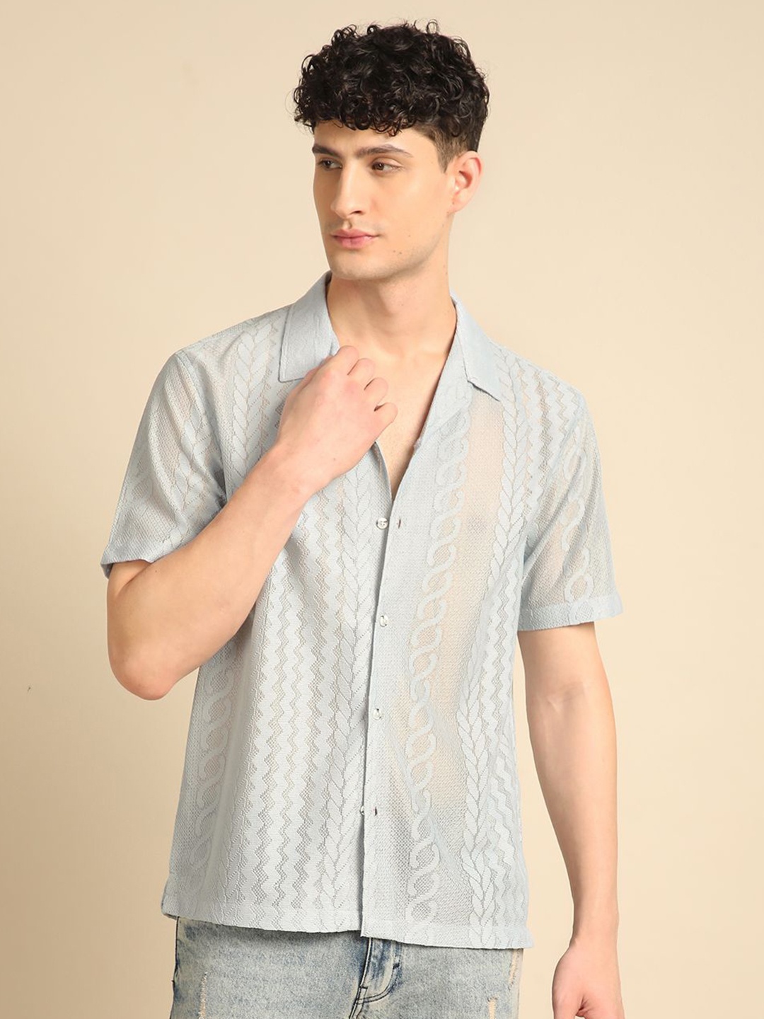 

Voroxy Men Relaxed Cuban Collar Textured Polycotton Casual Shirt, Green
