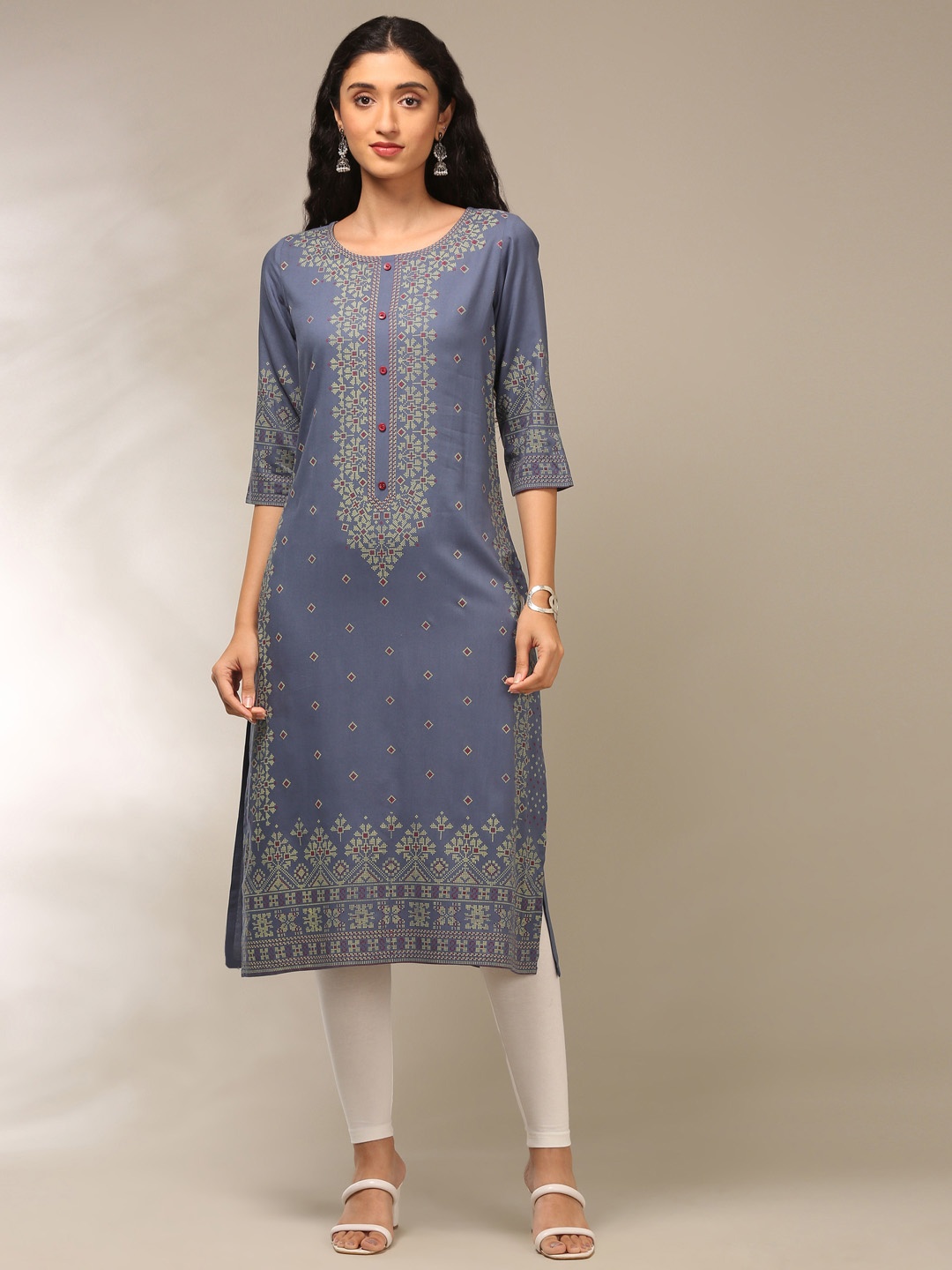 

Alena Geometric Printed Round Neck Sequinned Straight Kurta, Blue