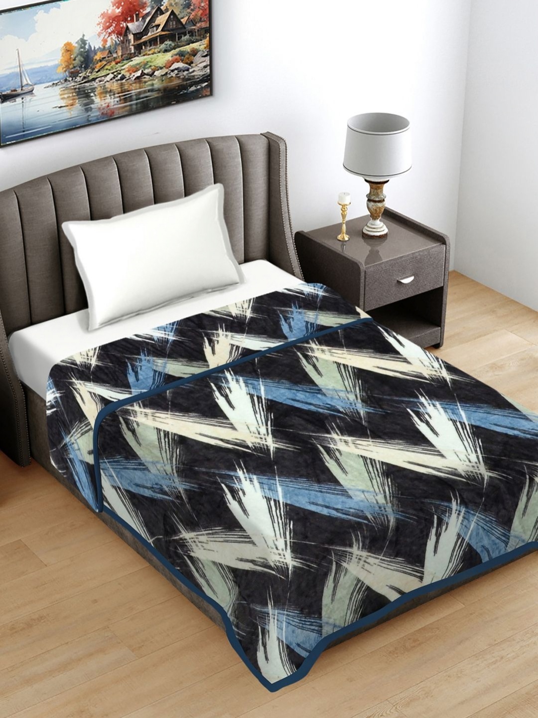 

FABINALIV Black & Blue Geometric Printed Woollen AC Room 233 GSM Single Bed Blanket