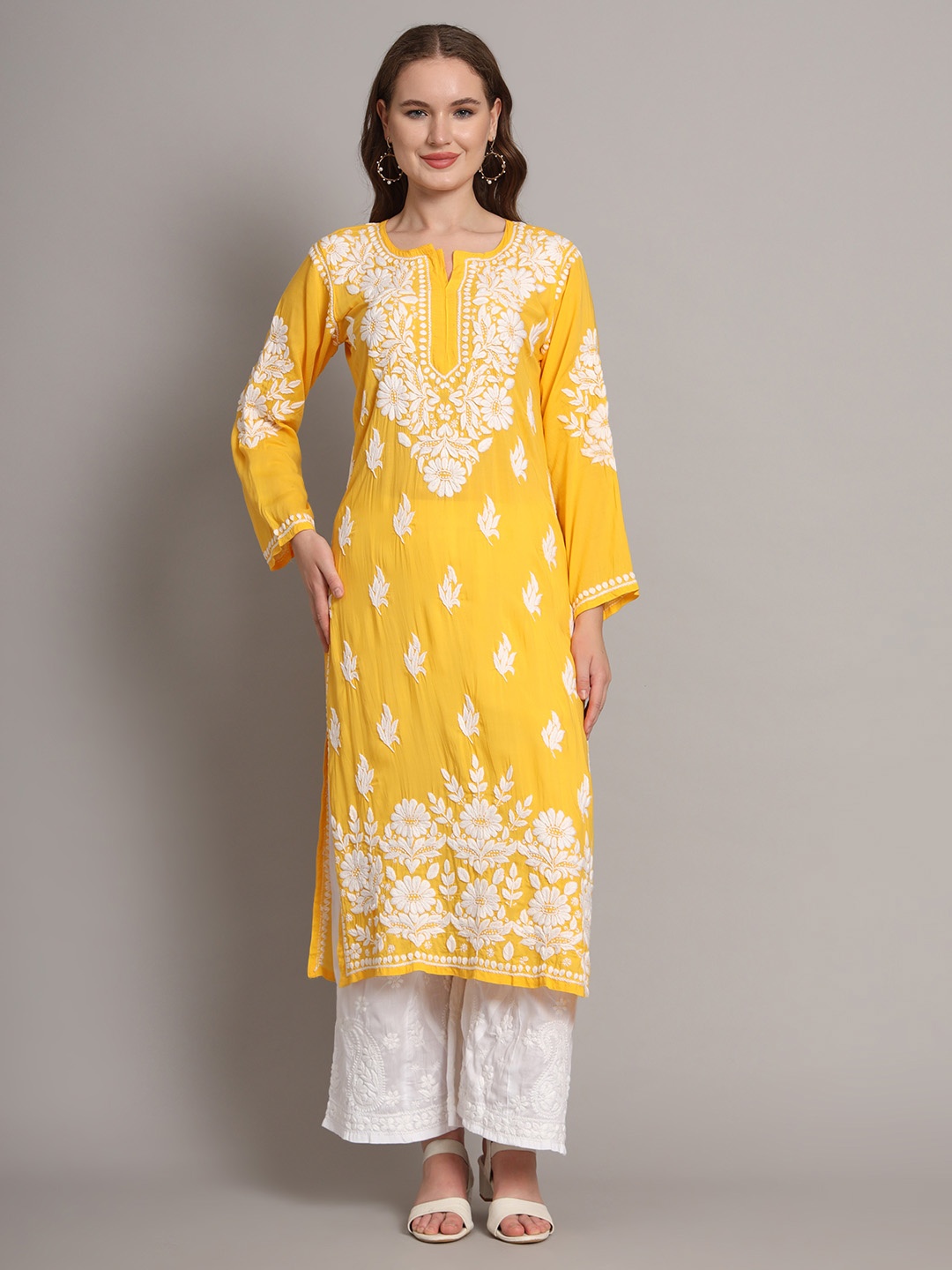 

The Chikan Label Floral Embroidered Notch Neck Chikankari Straight Kurta, Yellow