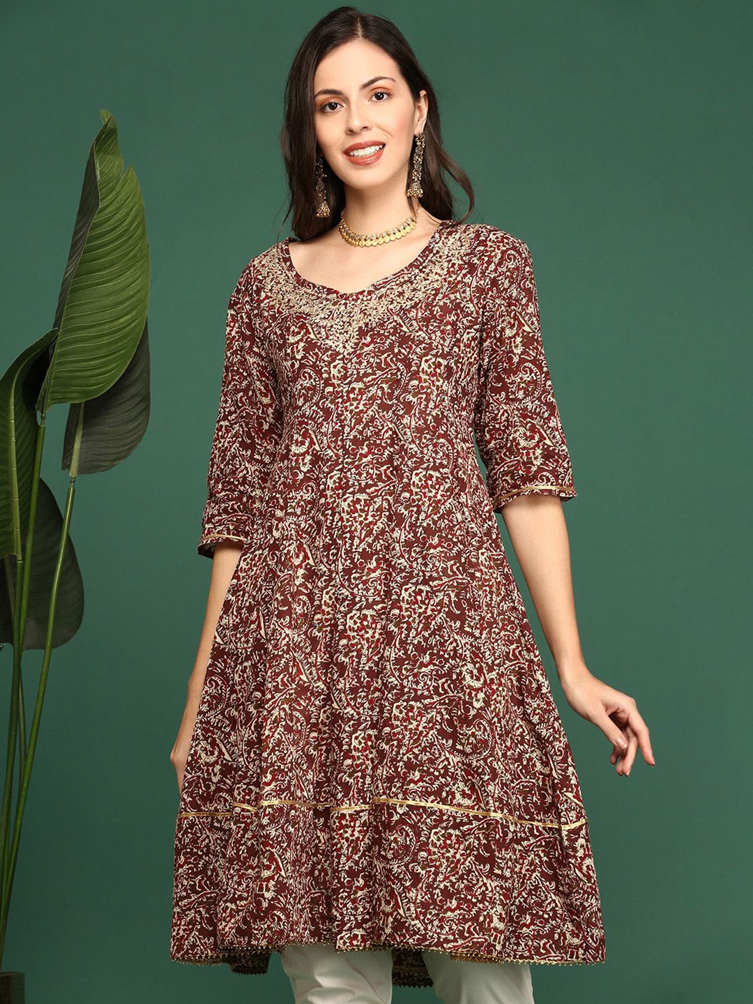 

SHOWOFF Women Ethnic Motifs Printed A-Line Kurta, Maroon