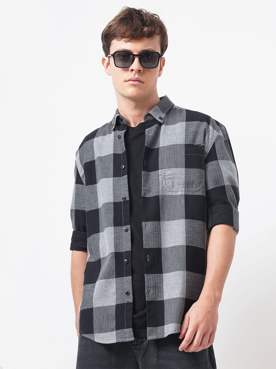 

British Club Men Standard Button-Down Collar Gingham Checked Cotton Casual Shirt, Grey