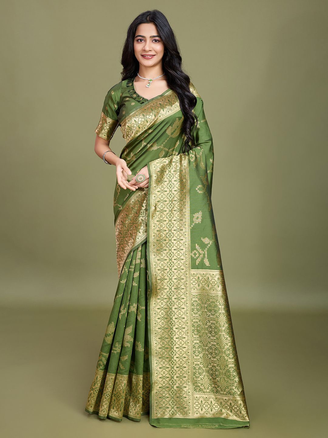 

RICH & ROMAN Woven Design Zari Pure Silk Banarasi Saree, Olive