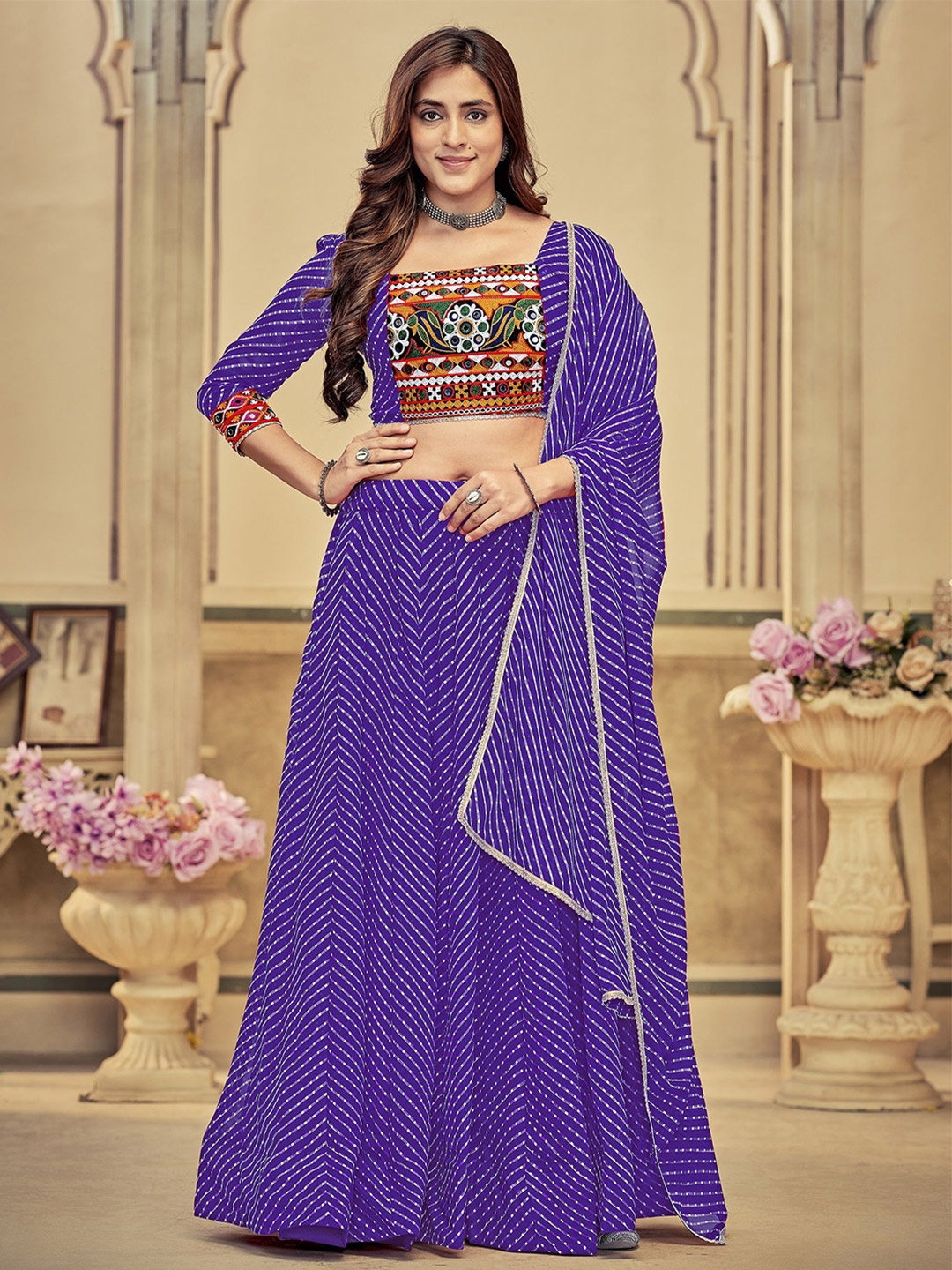 

KALINI Embroidered Thread Work Semi-Stitched Lehenga & Unstitched Blouse With Dupatta, Purple