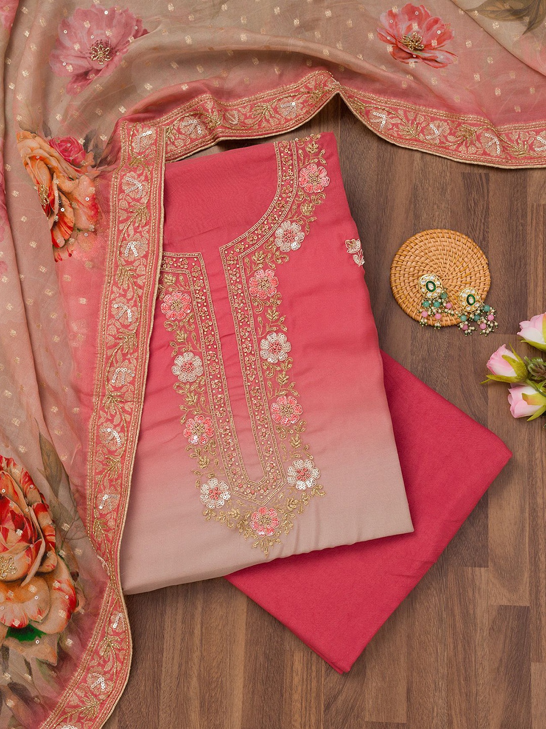 

Koskii Floral Embroidered Zari Work Unstitched Dress Material, Red