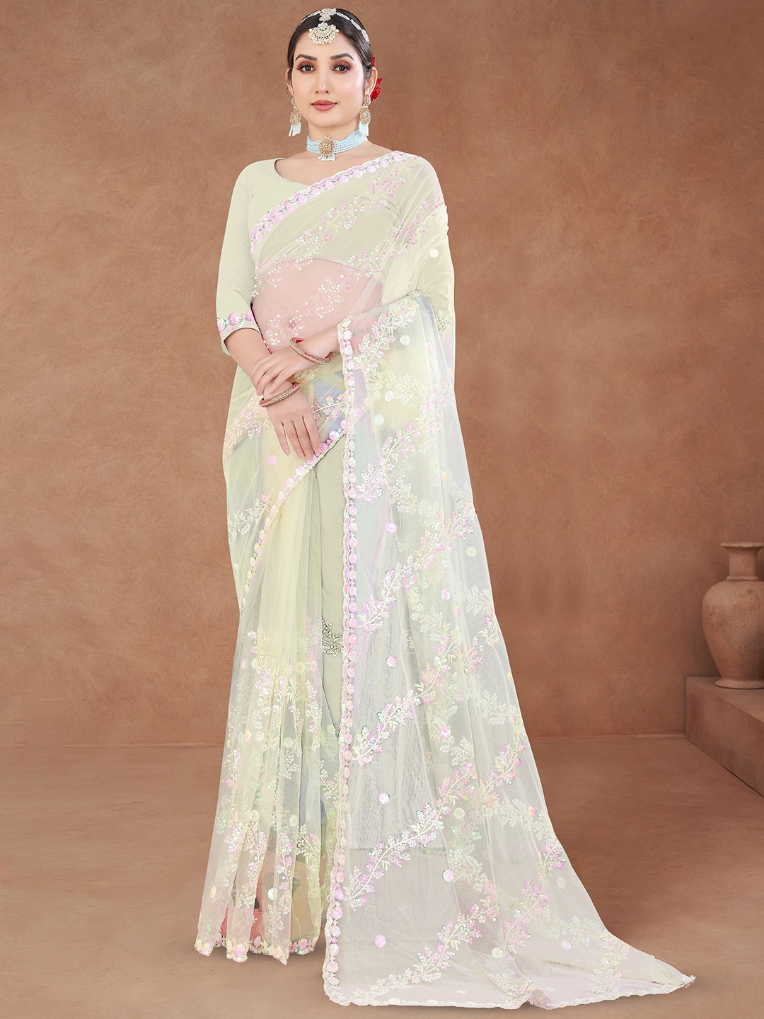 

Sanwariya Silk Embellished Sequinned Net Maheshwari Saree, Cream