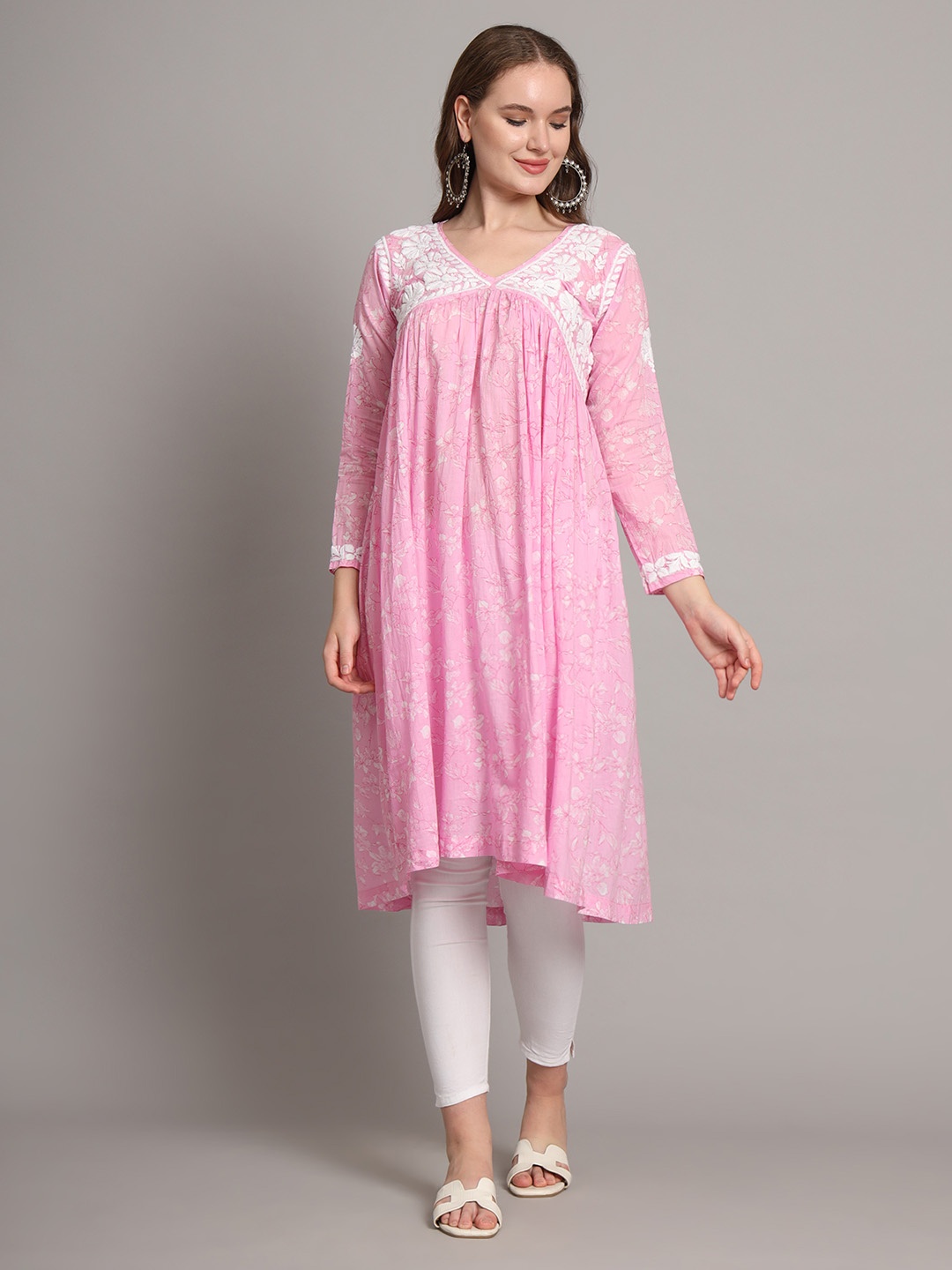 

The Chikan Label Floral Embroidered Thread Work Cotton A-Line Kurta, Pink