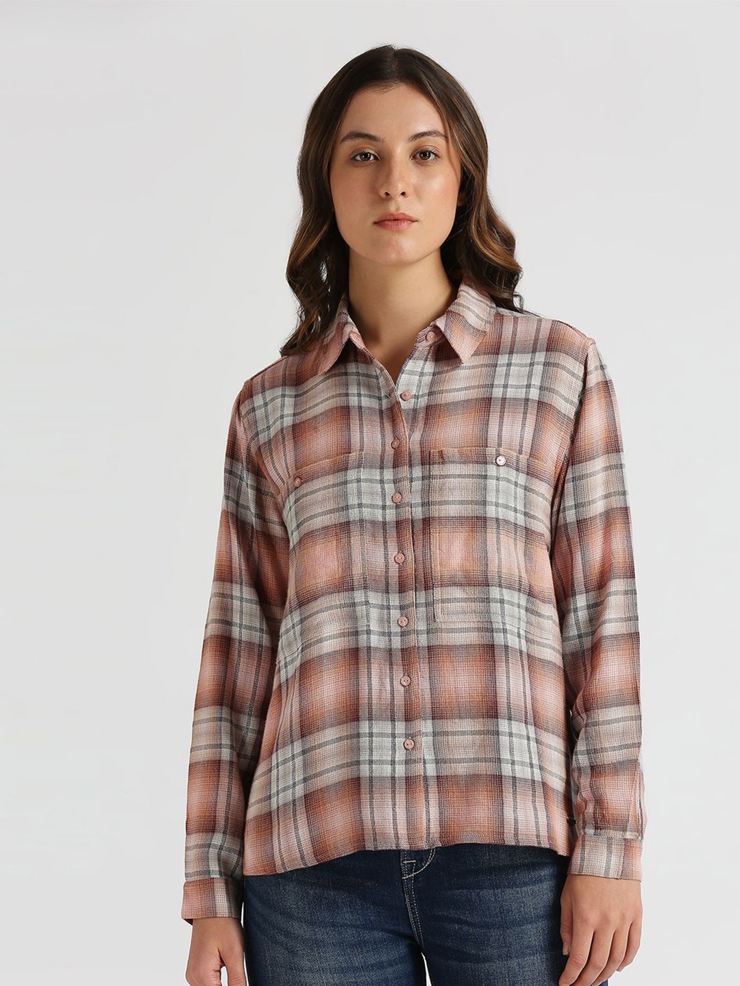 

Pepe Jeans Women Spread Collar Tartan Checked Casual Shirt, Pink