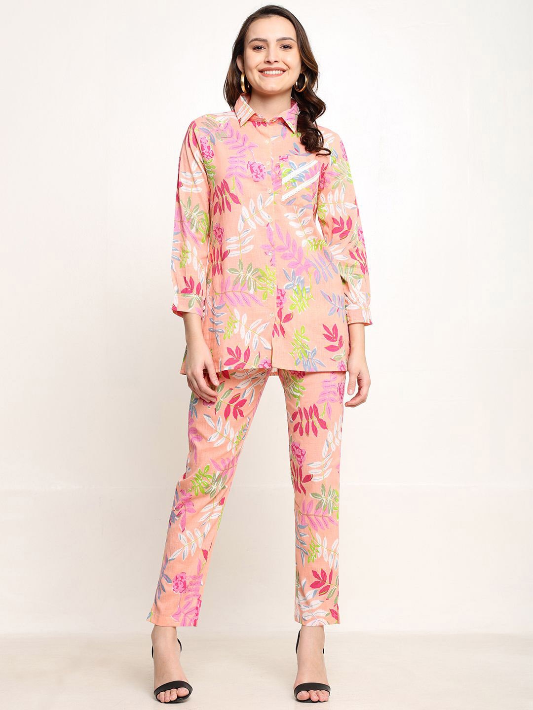 

CORDSET Printed Collar Shirt With Trousers Co-Ords, Pink