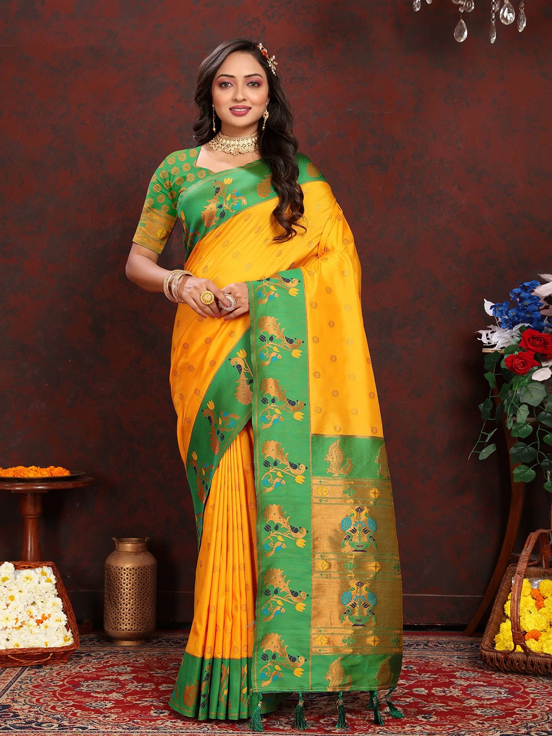 

Zeekha Woven Design Zari Pure Silk Paithani Saree, Yellow