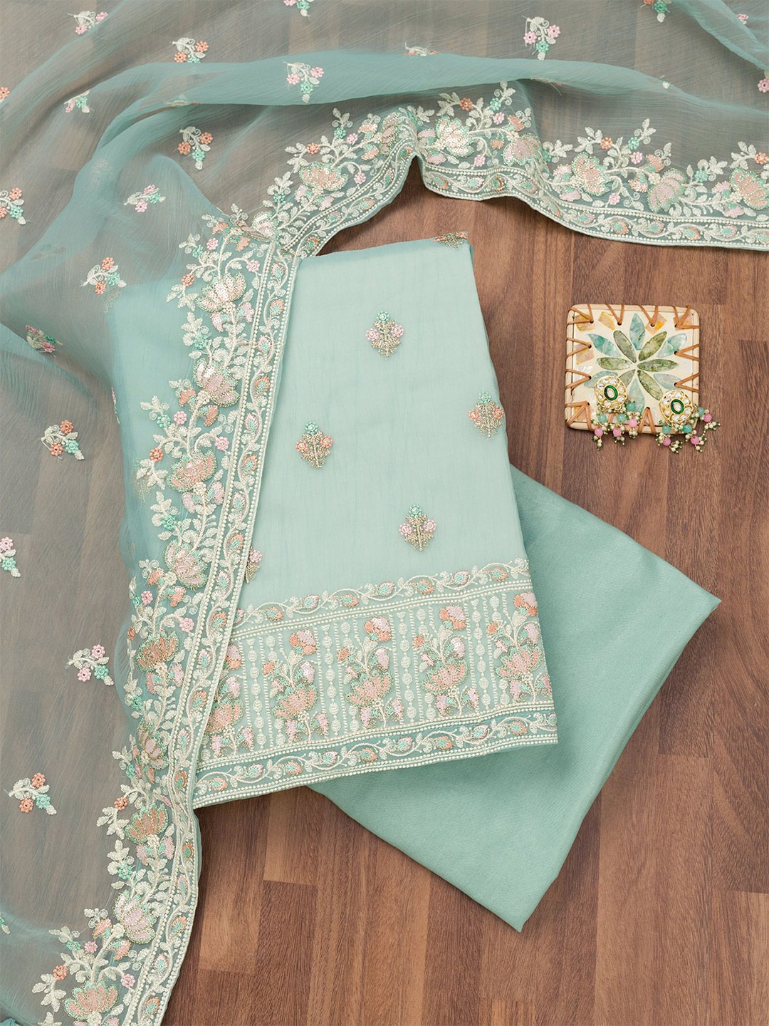 

Koskii Floral Embroidered Sequinned Organza Unstitched Dress Material, Blue