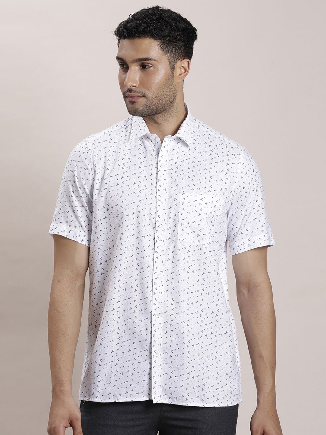 

Turtle Men Classic Spread Collar Micro Ditsy Printed Cotton Formal Shirt, White