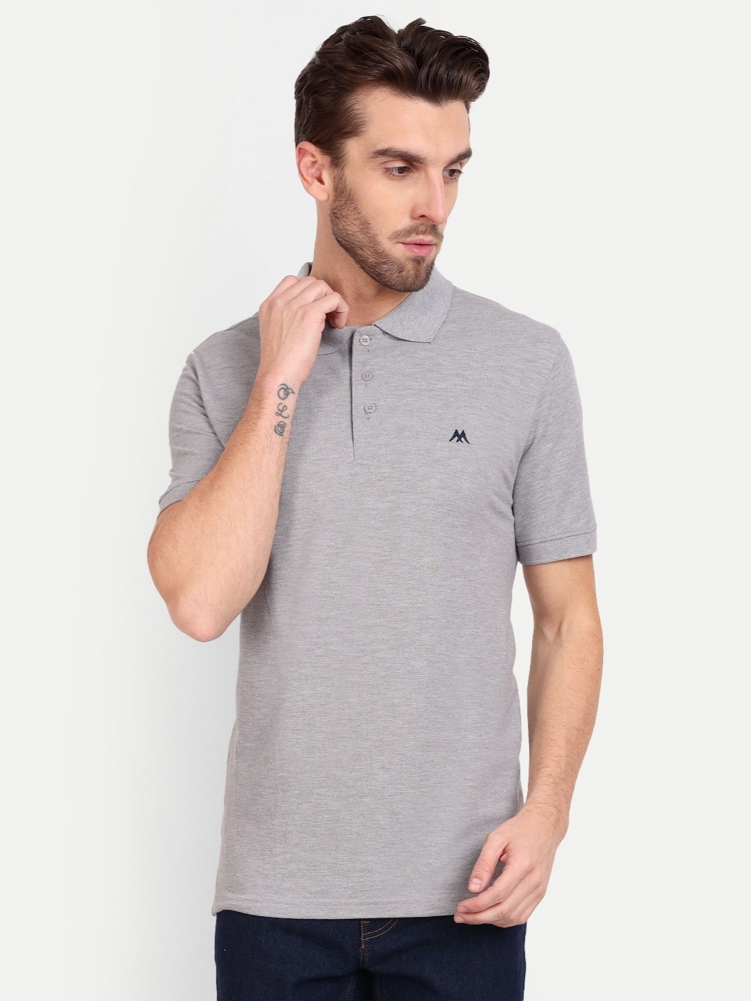 

MEGHZ Men Solid Polo Collar Cotton Slim Fit T-shirt, Grey